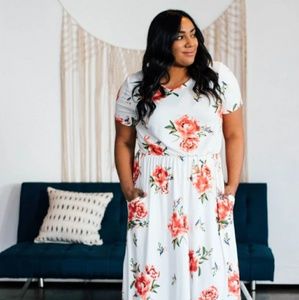 Floral print Summery Midi Dress, Ivory